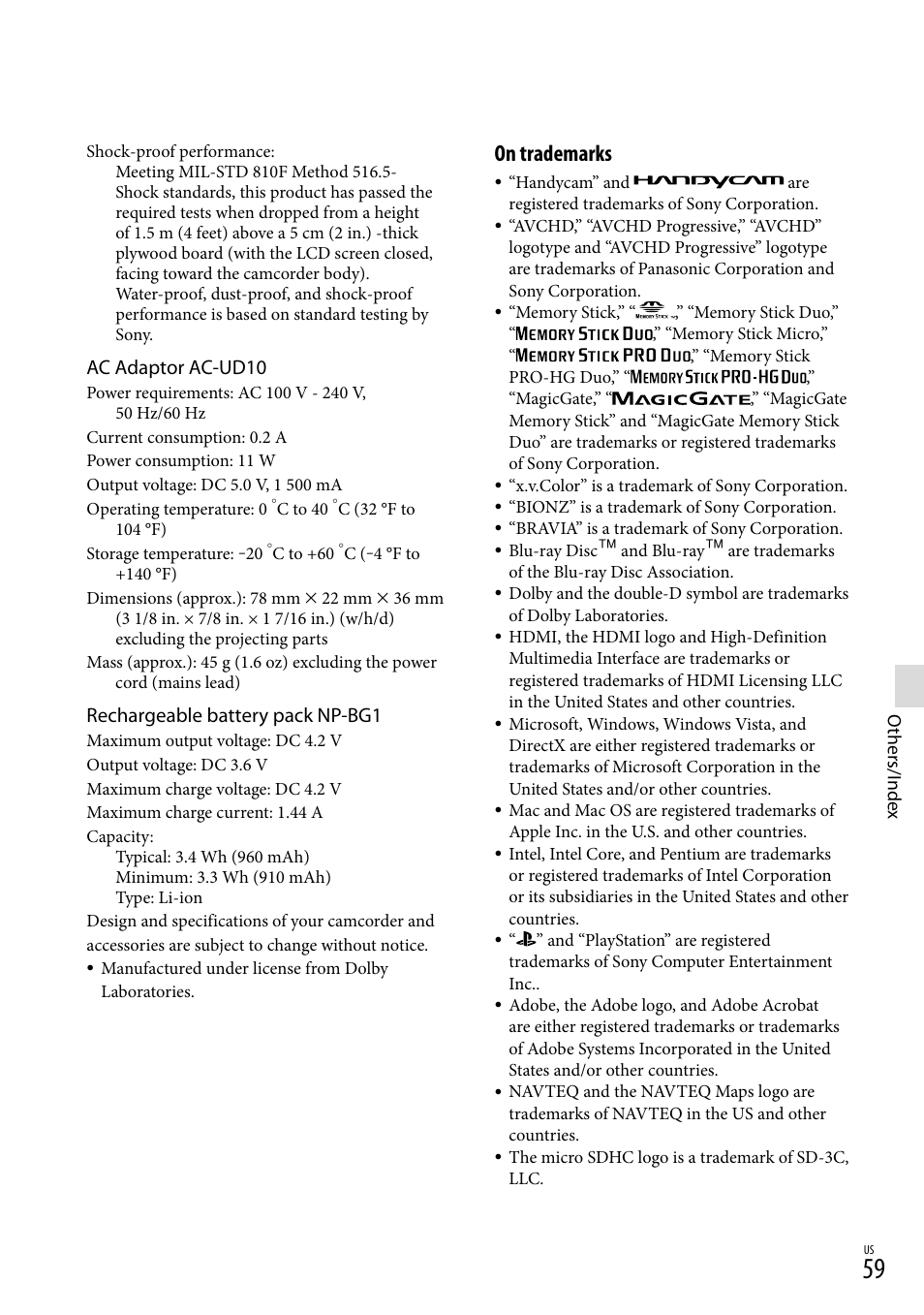 On trademarks, Ac adaptor ac-ud10, Rechargeable battery pack np-bg1 | Sony HDR-GW77V User Manual | Page 59 / 199