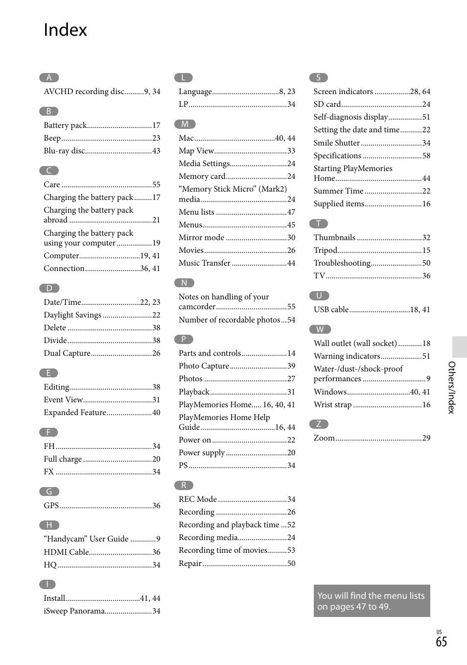 Index | Sony HDR-GW77V User Manual | Page 65 / 199