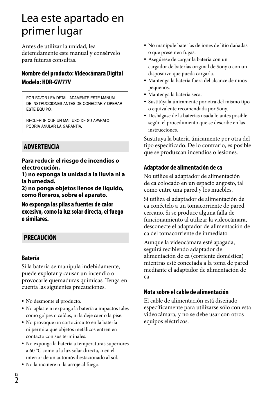 Lea este apartado en primer lugar, Advertencia, Precaución | Sony HDR-GW77V User Manual | Page 66 / 199