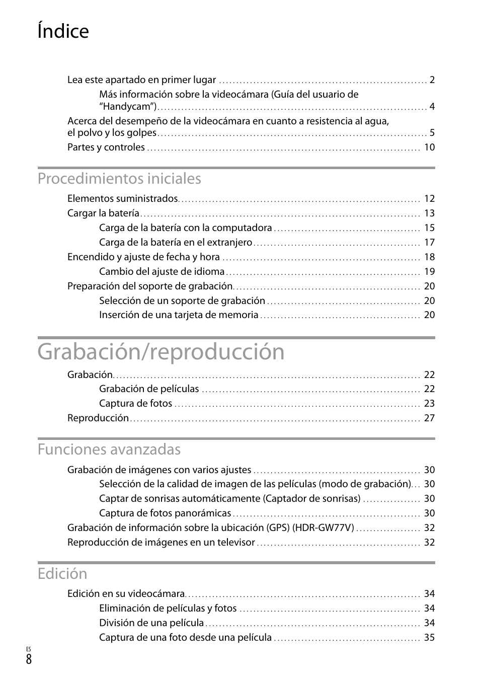 Índice, Grabación/reproducción, Procedimientos iniciales | Funciones avanzadas, Edición | Sony HDR-GW77V User Manual | Page 72 / 199