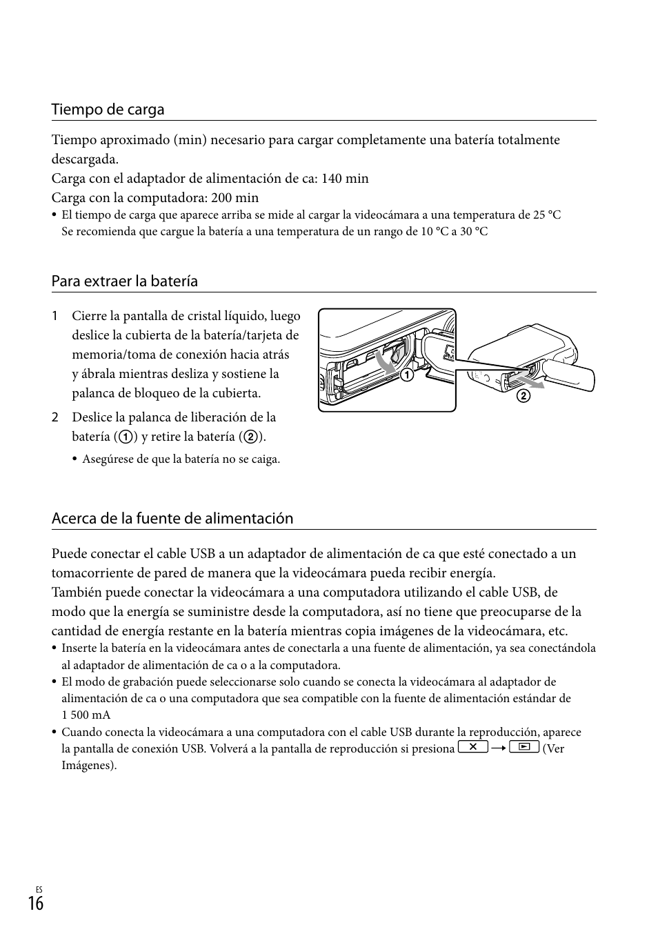 Tiempo de carga, Para extraer la batería, Acerca de la fuente de alimentación | Sony HDR-GW77V User Manual | Page 80 / 199