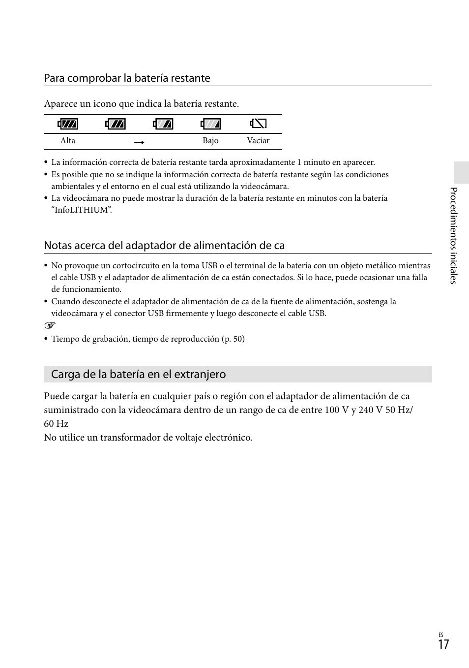 Carga de la batería en el extranjero, Para comprobar la batería restante, Notas acerca del adaptador de alimentación de ca | Sony HDR-GW77V User Manual | Page 81 / 199