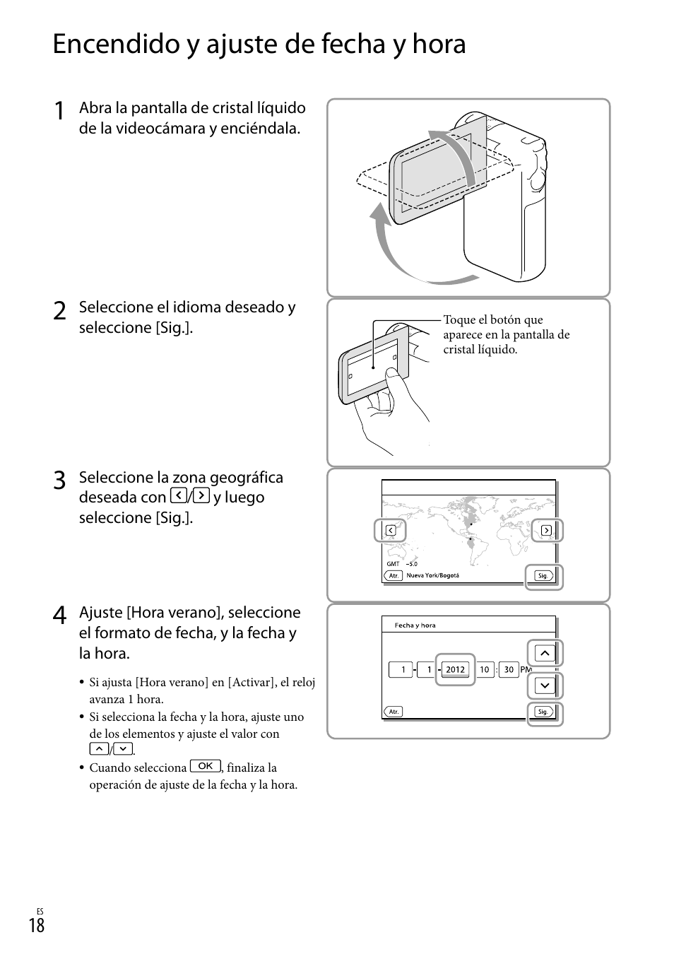 Encendido y ajuste de fecha y hora | Sony HDR-GW77V User Manual | Page 82 / 199
