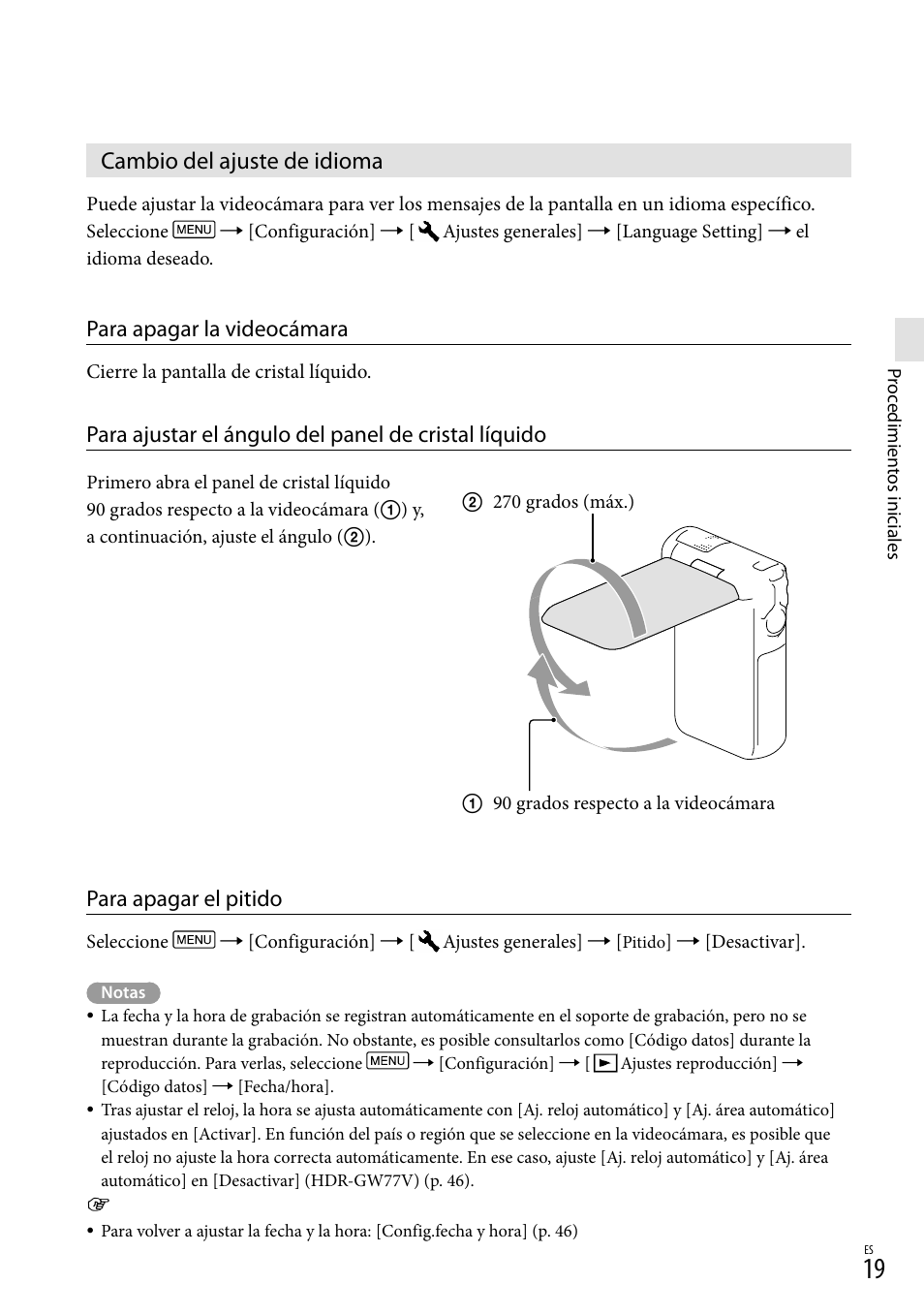 Cambio del ajuste de idioma, Para apagar la videocámara, Para apagar el pitido | Sony HDR-GW77V User Manual | Page 83 / 199