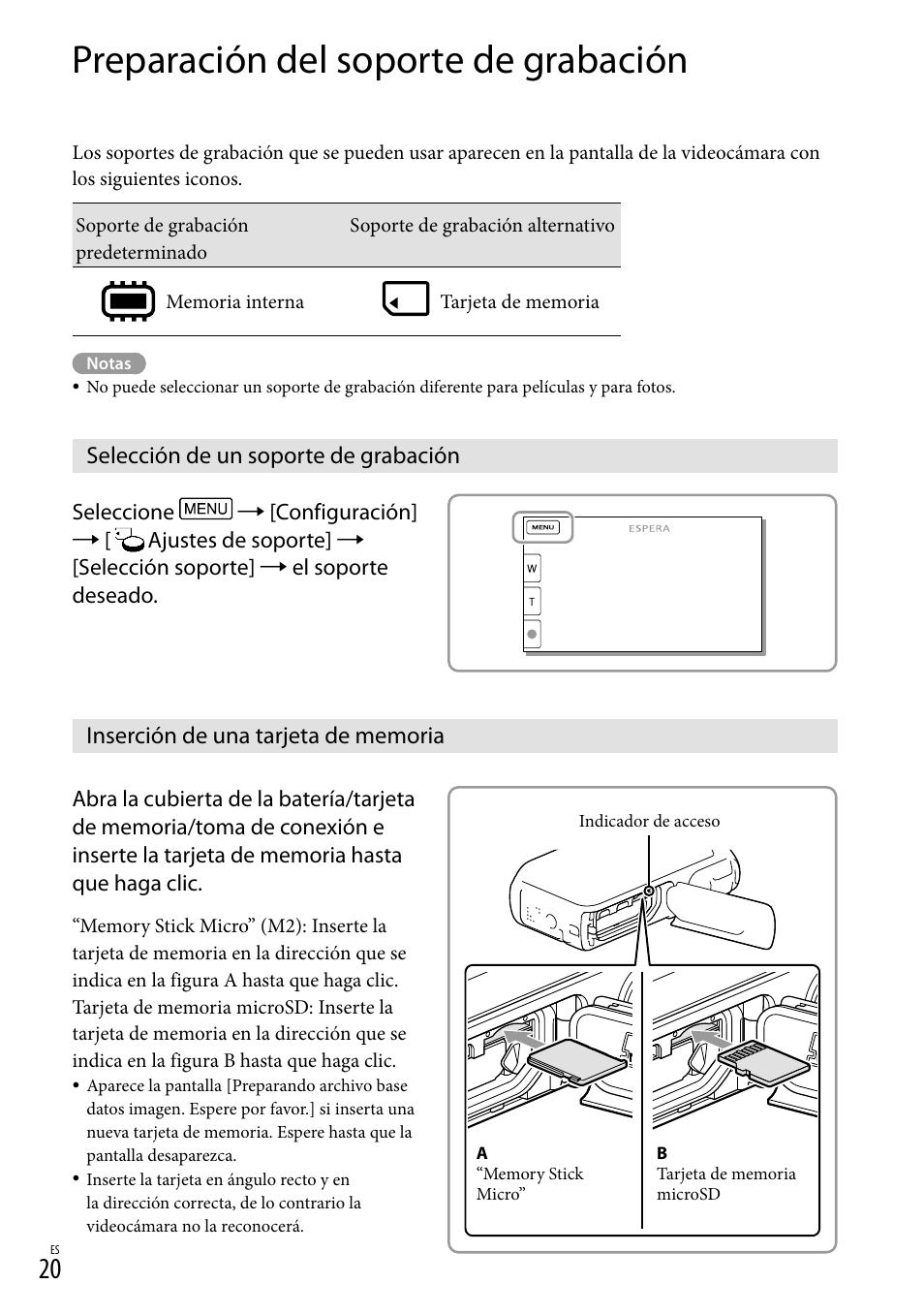 Preparación del soporte de grabación, Selección de un soporte de grabación, Inserción de una tarjeta de memoria | 20) es, Ia (20) | Sony HDR-GW77V User Manual | Page 84 / 199