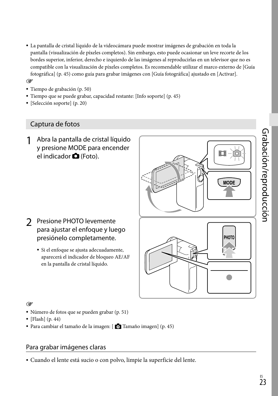 Captura de fotos, O (23), Gr abación/r epr oduc ción | Sony HDR-GW77V User Manual | Page 87 / 199