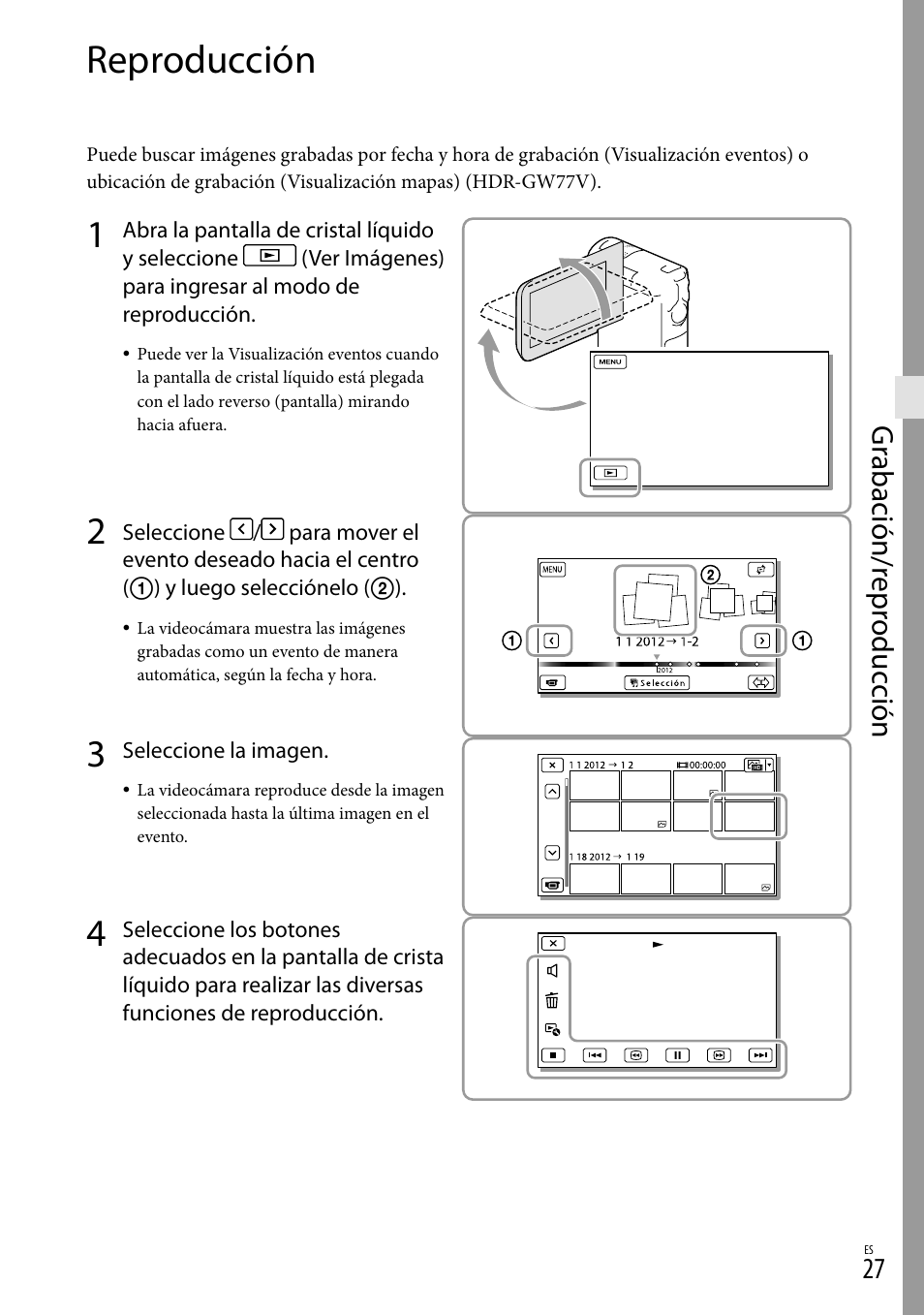 Reproducción, Es (27), Gr abación/r epr oduc ción | Sony HDR-GW77V User Manual | Page 91 / 199