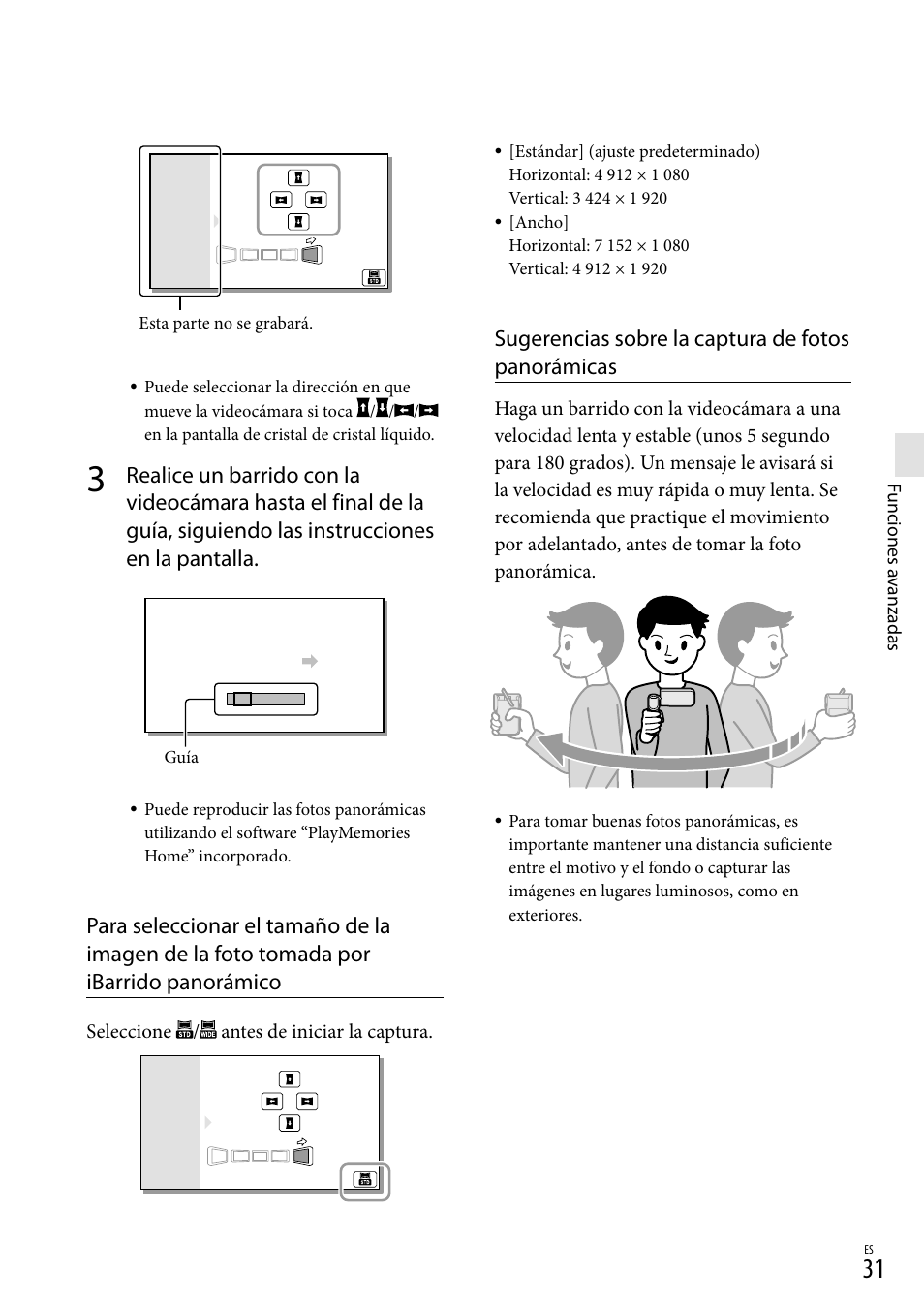 Sugerencias sobre la captura de fotos panorámicas | Sony HDR-GW77V User Manual | Page 95 / 199