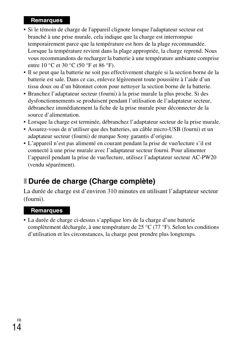 Xdurée de charge (charge complète) | Sony DSC-RX10 User Manual | Page 52 / 120