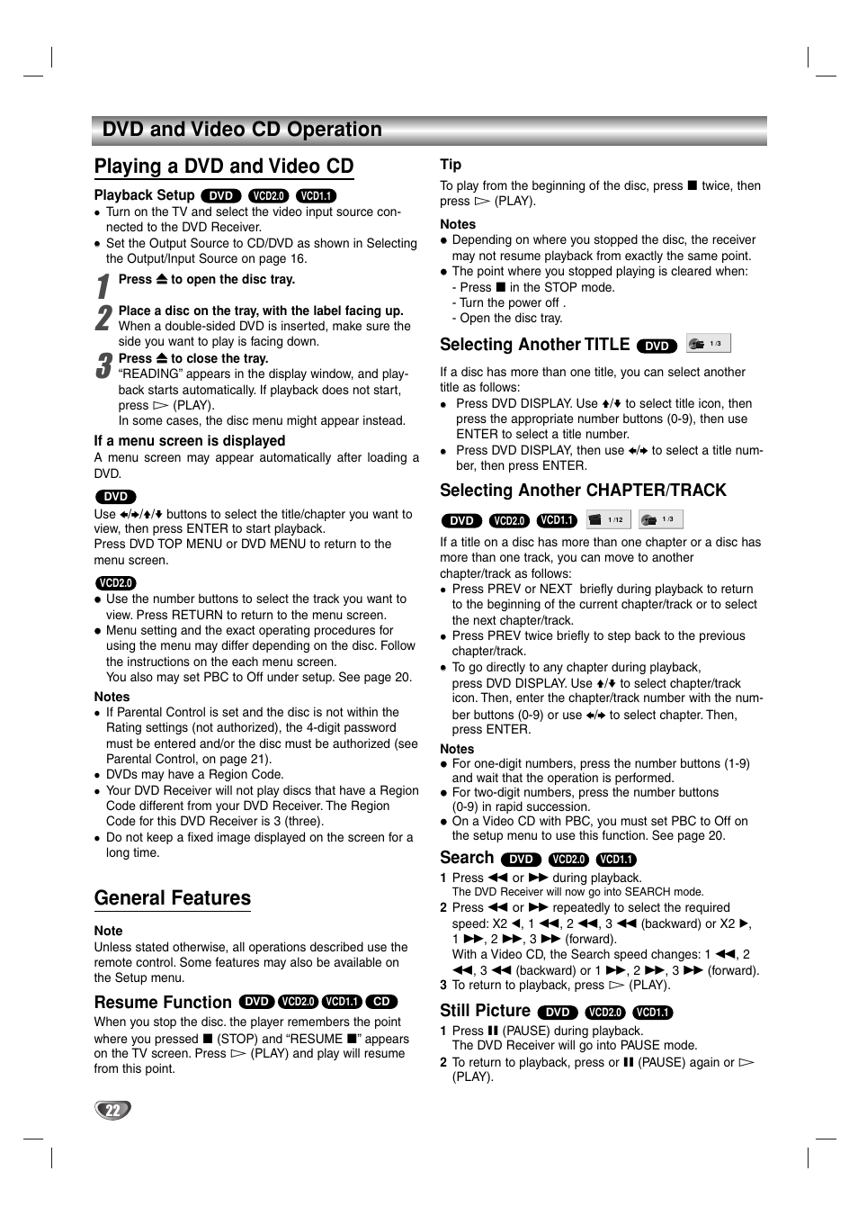General features, Resume function, Selecting another title | Selecting another chapter/track, Search, Still picture | Sony DAV-SB100 User Manual | Page 22 / 157