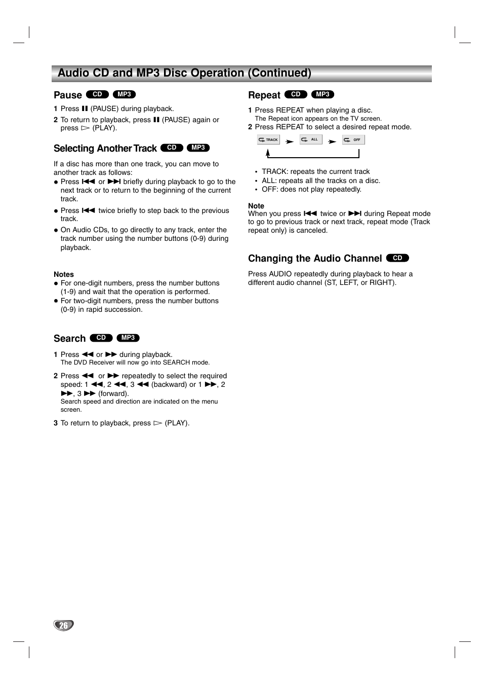 Audio cd and mp3 disc operation (continued), Pause, Selecting another track | Search, Repeat, Changing the audio channel | Sony DAV-SB100 User Manual | Page 26 / 157