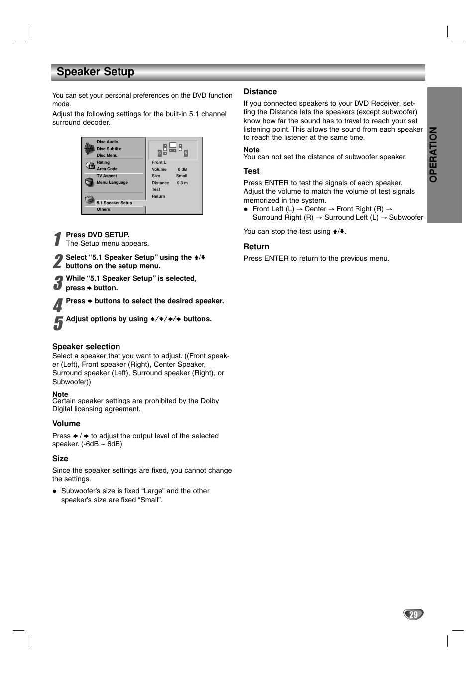 Speaker setup, Opera tion | Sony DAV-SB100 User Manual | Page 29 / 157