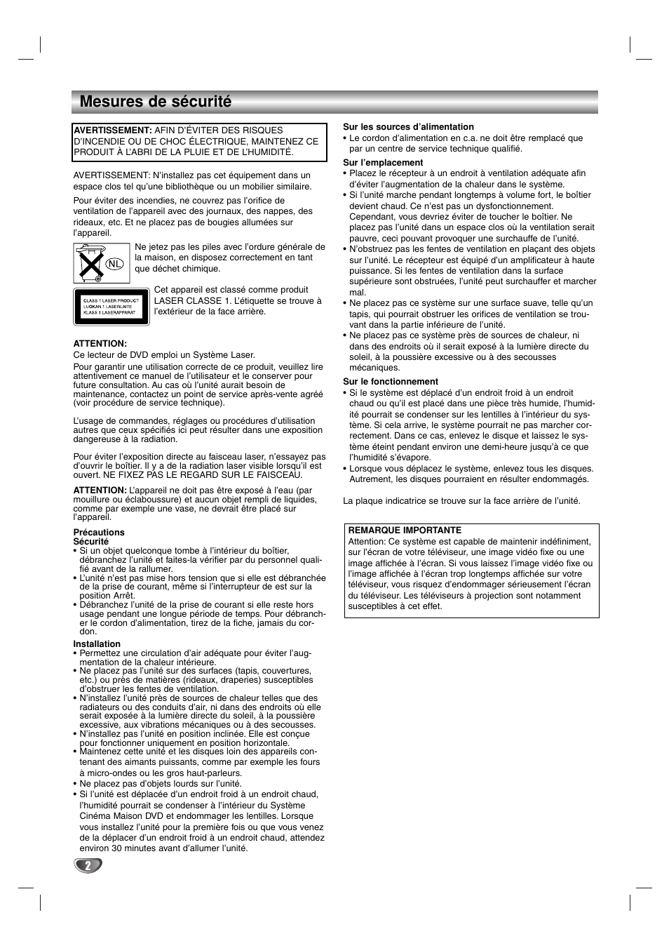 Mesures de sécurité | Sony DAV-SB100 User Manual | Page 41 / 157