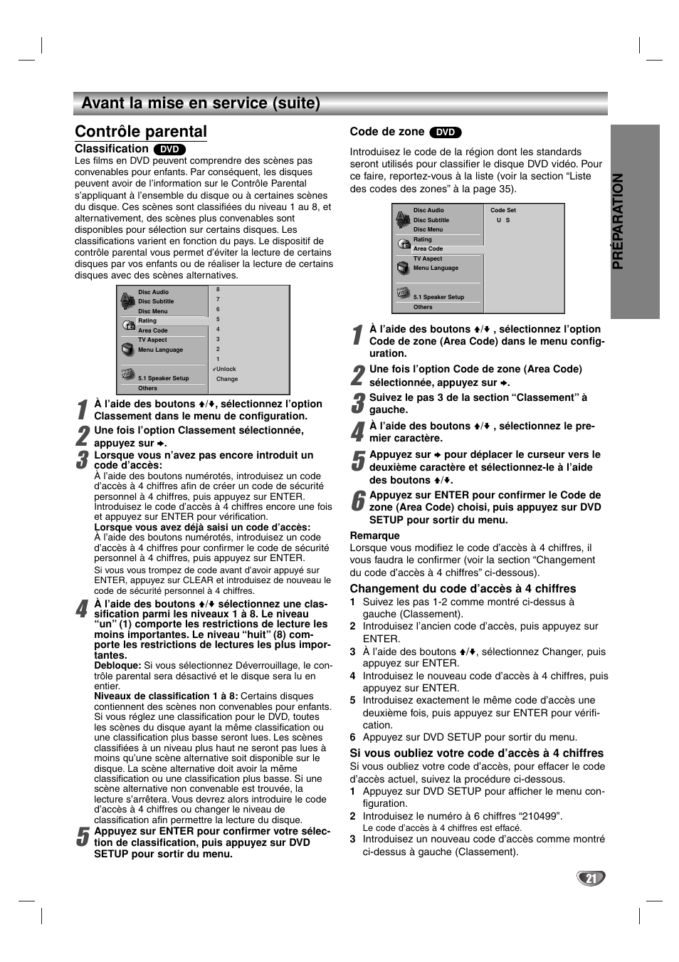 Avant la mise en service (suite) contrôle parental, Pr é p ara tion | Sony DAV-SB100 User Manual | Page 60 / 157