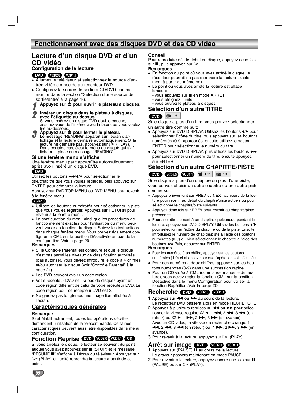 Caractéristiques générales, Fonction reprise, Sélection d’un autre titre | Sélection d’un autre chapitre/piste, Recherche, Arrêt sur image | Sony DAV-SB100 User Manual | Page 61 / 157