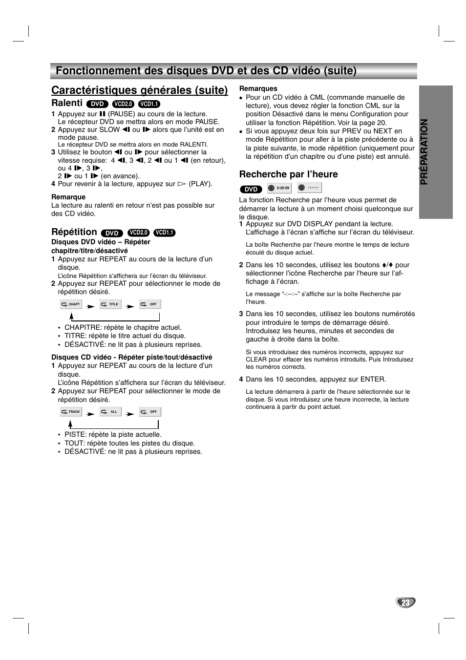Pr é p ara tion, Ralenti, Répétition | Recherche par l’heure | Sony DAV-SB100 User Manual | Page 62 / 157