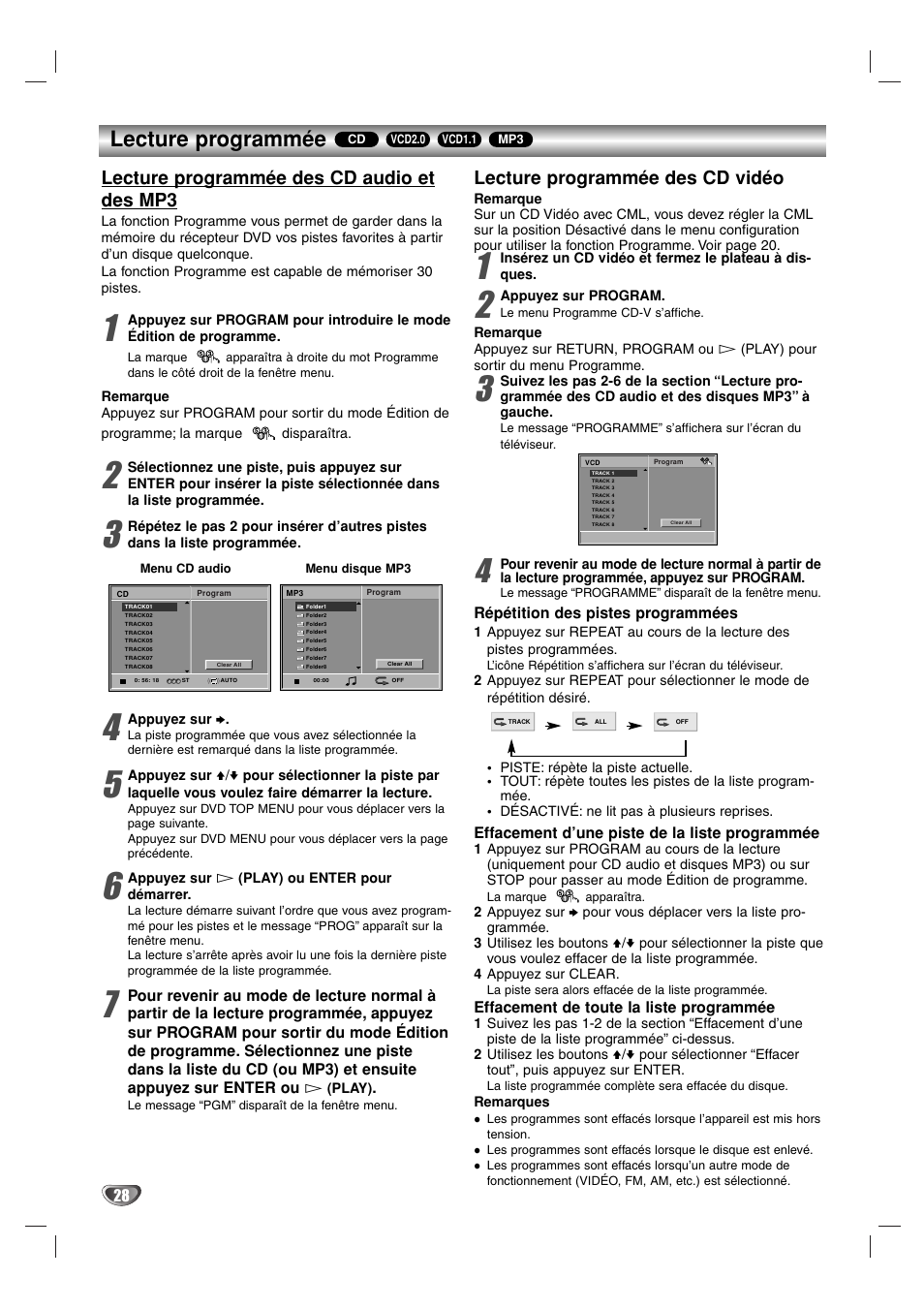 Lecture programmée, Lecture programmée des cd audio et des mp3, Lecture programmée des cd vidéo | Sony DAV-SB100 User Manual | Page 67 / 157