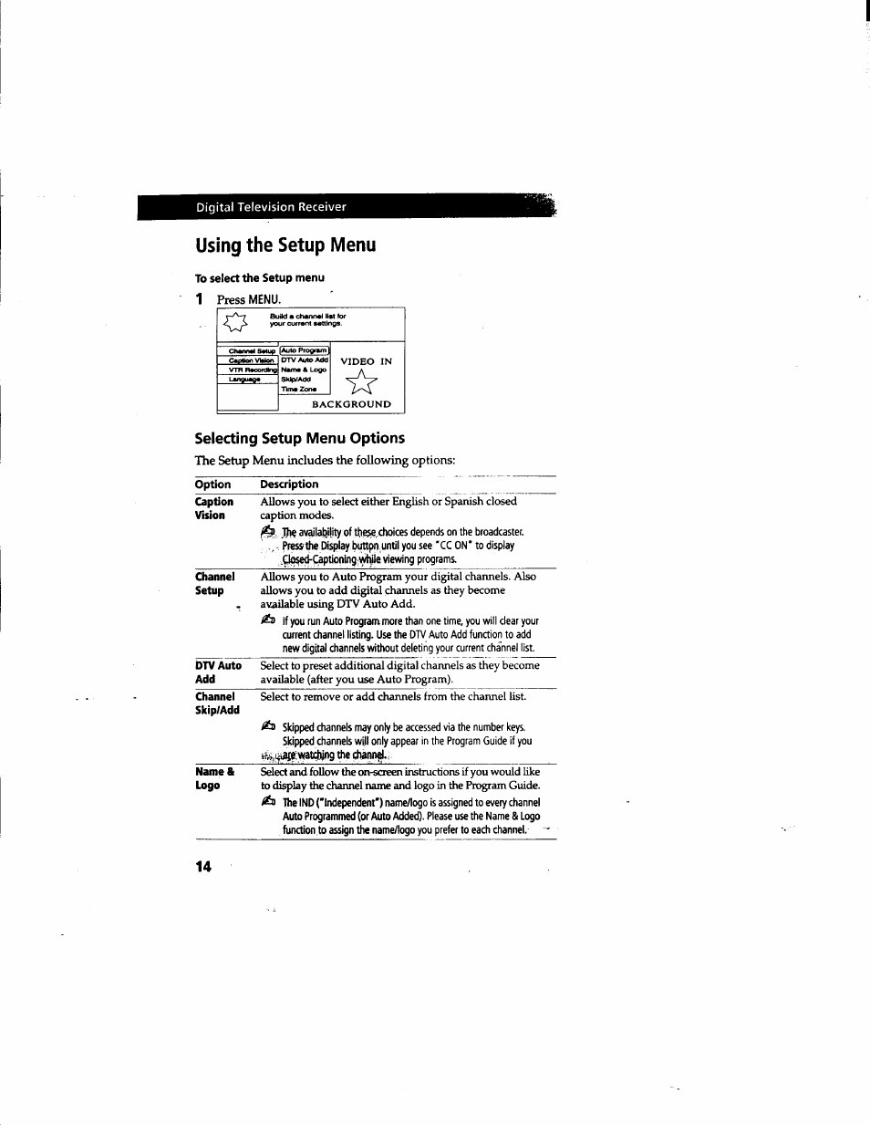 Using the setup menu | Sony DTR-HD1 User Manual | Page 14 / 54