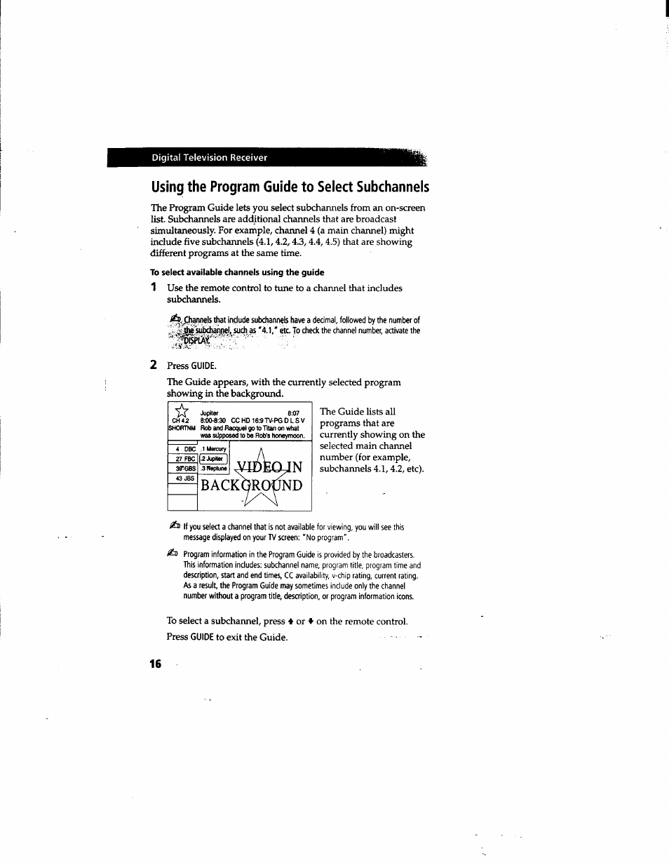 Using the program guide to select subchannels | Sony DTR-HD1 User Manual | Page 16 / 54