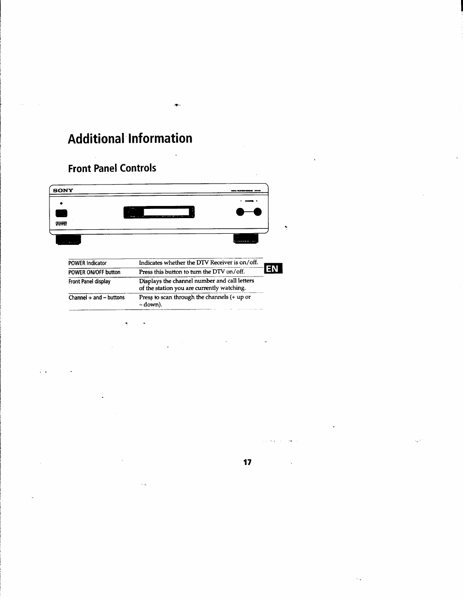 Front panel controls, Additional information | Sony DTR-HD1 User Manual | Page 17 / 54