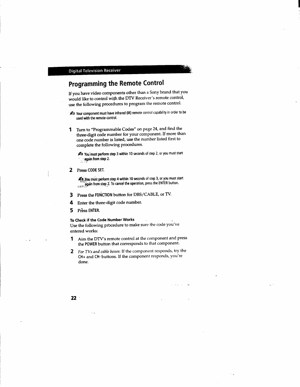 Programming the remote control | Sony DTR-HD1 User Manual | Page 22 / 54