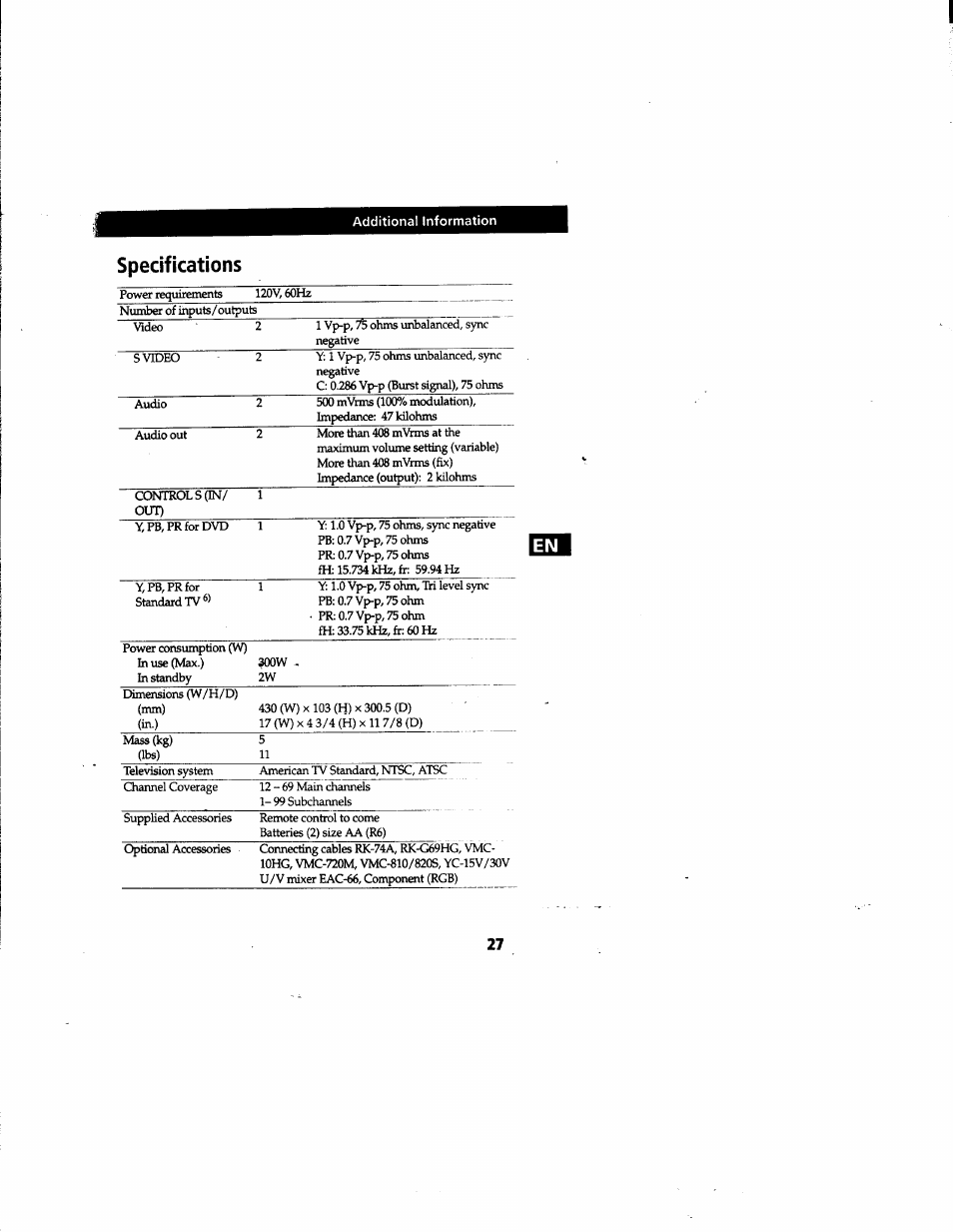 Specifications | Sony DTR-HD1 User Manual | Page 27 / 54