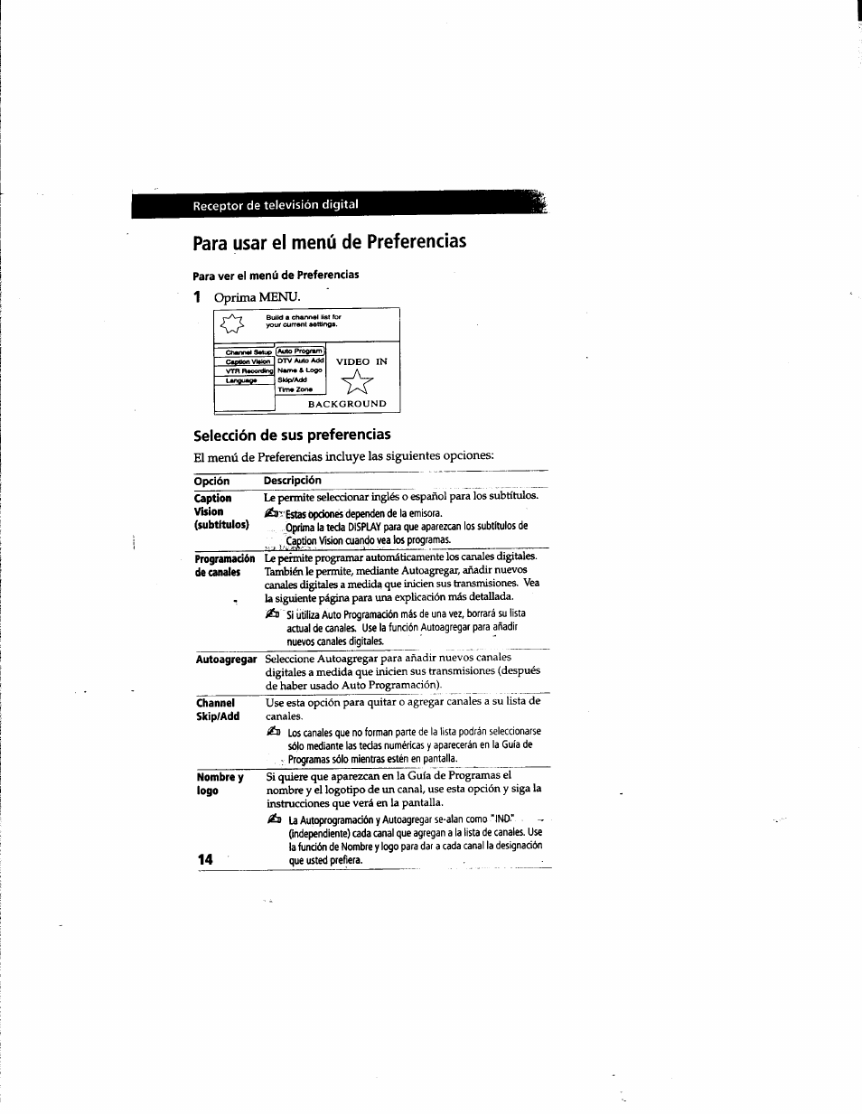 Para usar el menú de preferencias, Selección de sus preferencias | Sony DTR-HD1 User Manual | Page 41 / 54