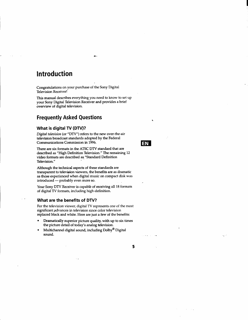 Frequently asked questions, What is digital tv (dtv), What are the benefits of dtv | Introduction | Sony DTR-HD1 User Manual | Page 5 / 54
