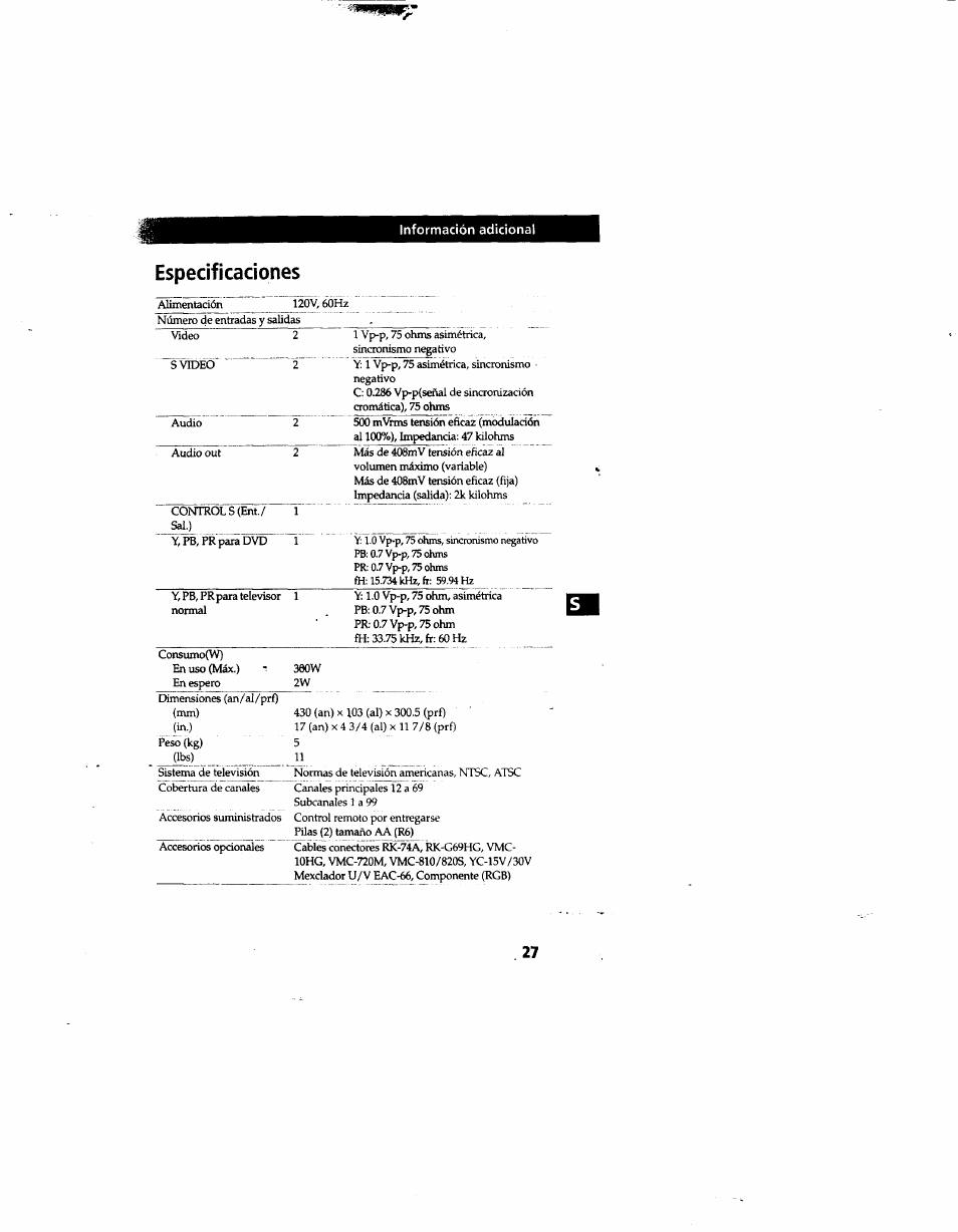 Especificaciones, Specifications | Sony DTR-HD1 User Manual | Page 54 / 54