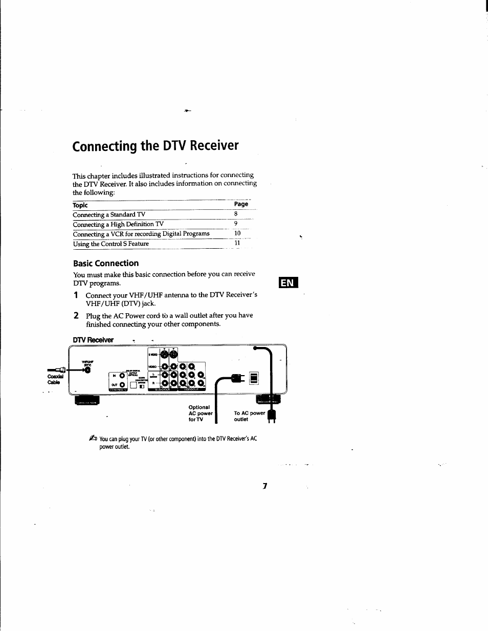 Dtv receiver t, Connecting the dtv receiver | Sony DTR-HD1 User Manual | Page 7 / 54