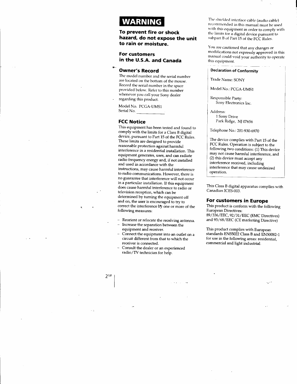 For customers, In the u.s.a. and canada, Owner's record | Fcc notice, For customers in europe, Warning | Sony PCGA-UMS1 User Manual | Page 3 / 56