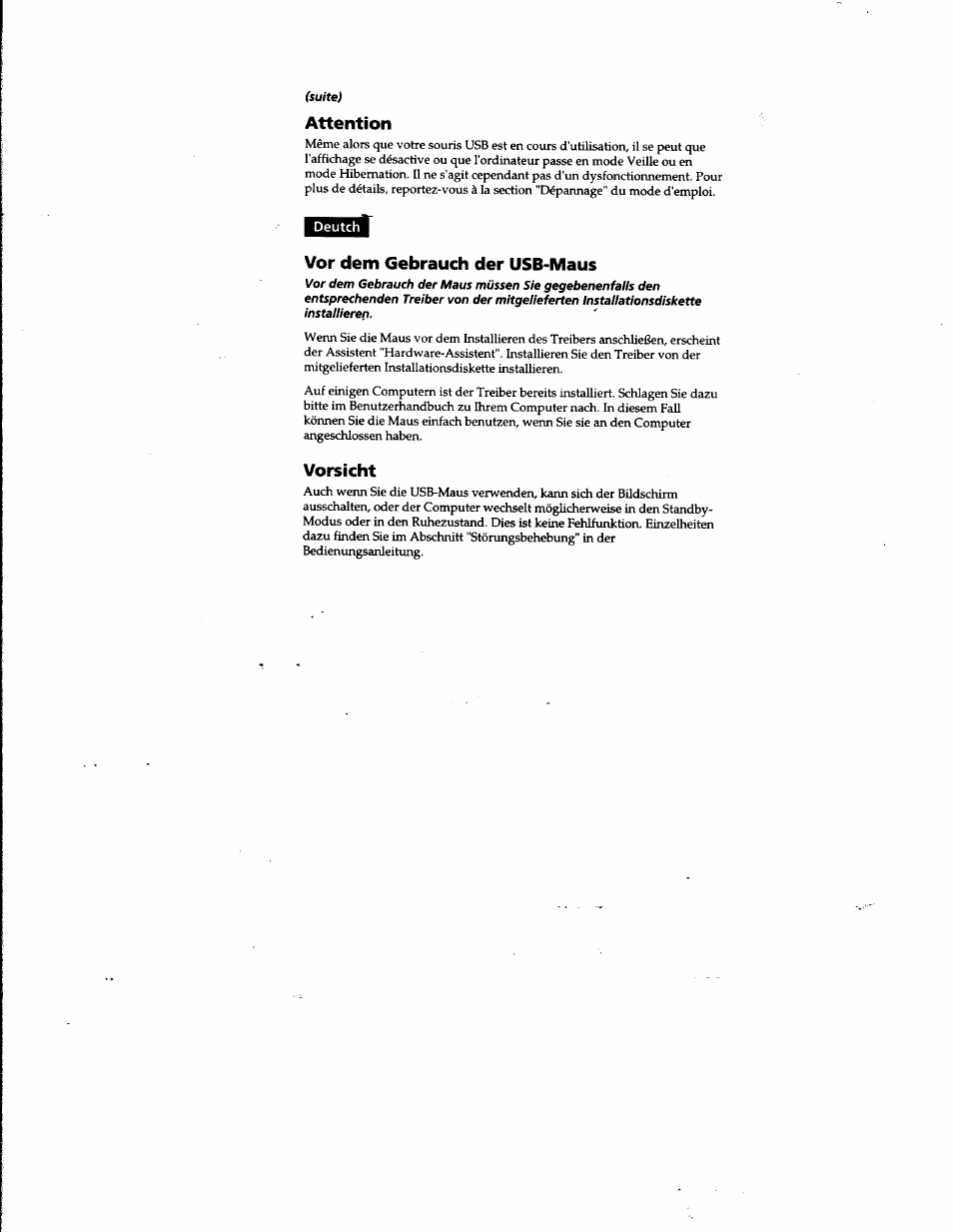 Attention, Vor dem gebrauch der usb-maus, Vorsicht | Sony PCGA-UMS1 User Manual | Page 38 / 56