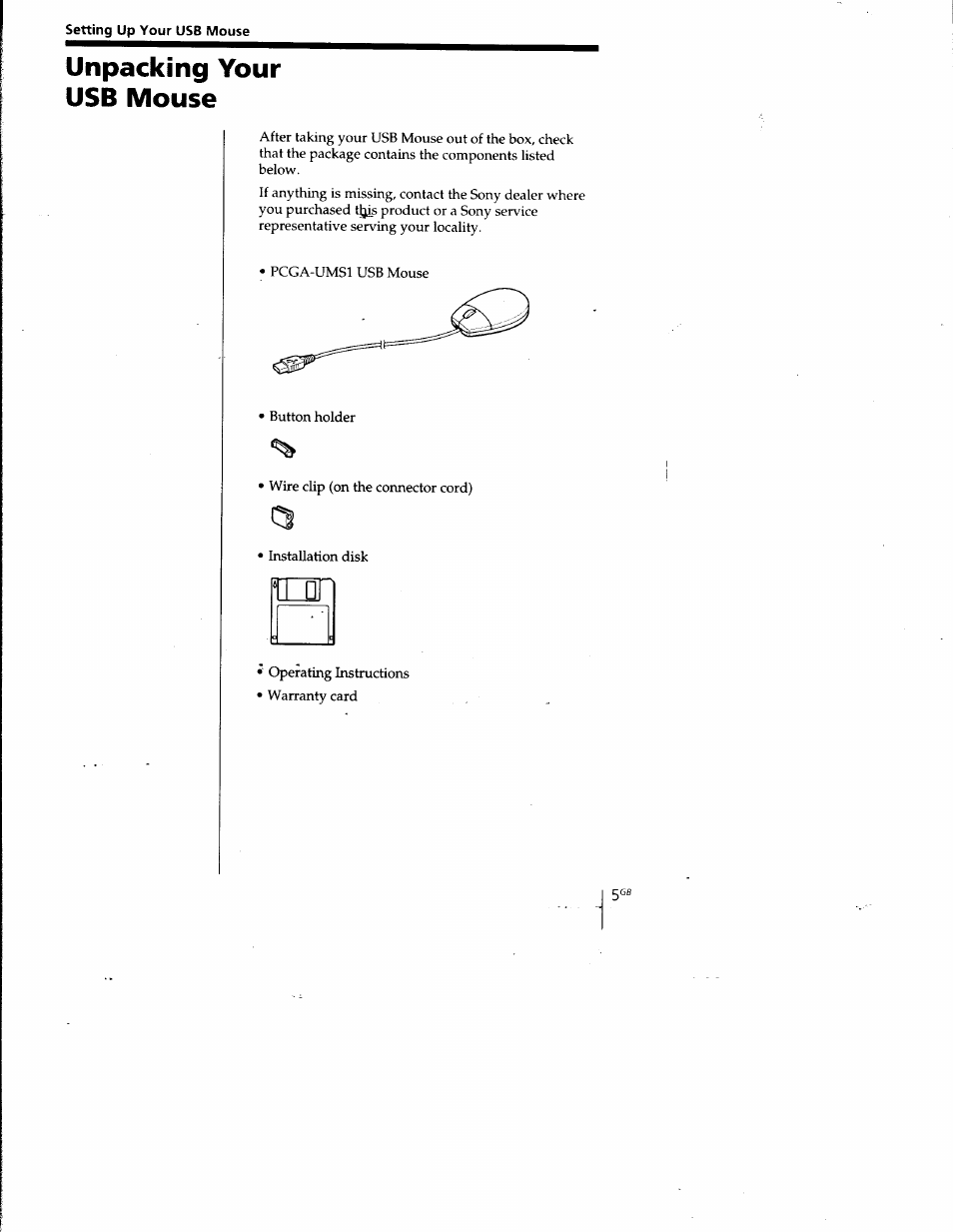 Unpacking your usb mouse | Sony PCGA-UMS1 User Manual | Page 6 / 56