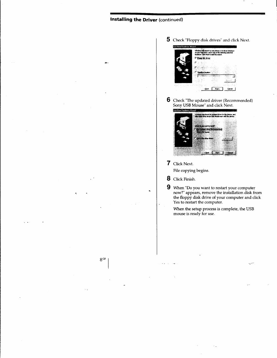 Installing the driver (continued) | Sony PCGA-UMS1 User Manual | Page 9 / 56