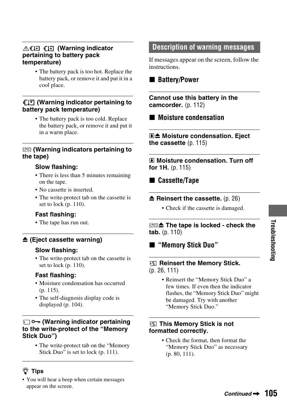 Description of warning messages | Sony HDR-FX1000 User Manual | Page 105 / 151