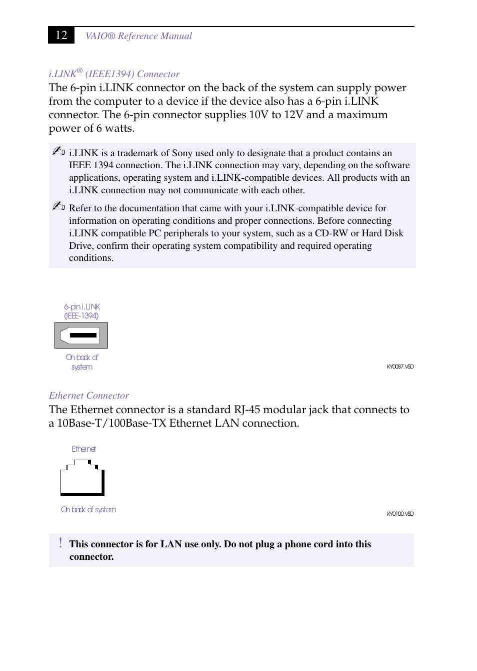 Heading4 - i.link® (ieee1394) connector, Heading4 - ethernet connector | Sony PCV-J150 User Manual | Page 26 / 104