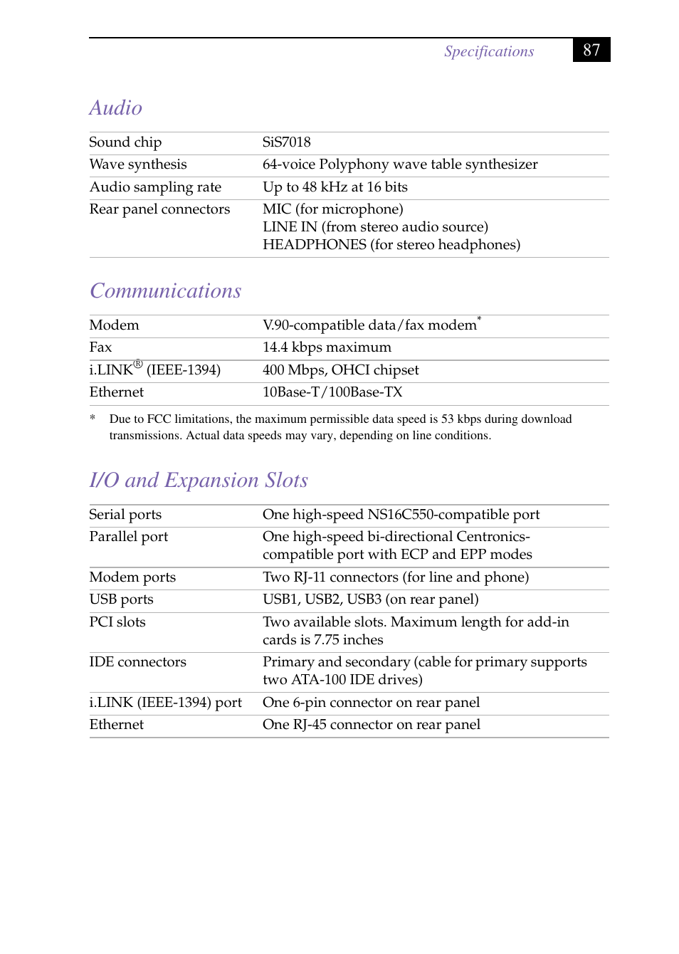 Heading2 - audio, Heading2 - communications, Heading2 - i/o and expansion slots | Audio communications i/o and expansion slots | Sony PCV-J150 User Manual | Page 99 / 104