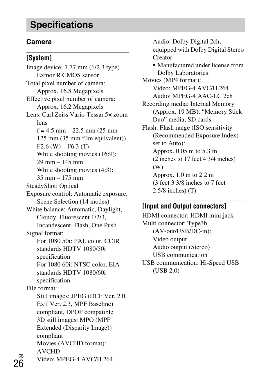 Specifications | Sony DSC-WX9 User Manual | Page 26 / 56