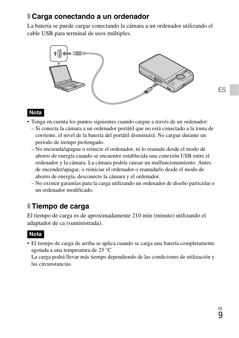 Xcarga conectando a un ordenador, Xtiempo de carga | Sony DSC-WX9 User Manual | Page 37 / 56