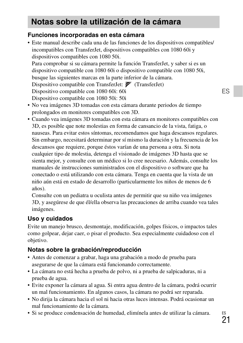 Notas sobre la utilización de la cámara | Sony DSC-WX9 User Manual | Page 49 / 56