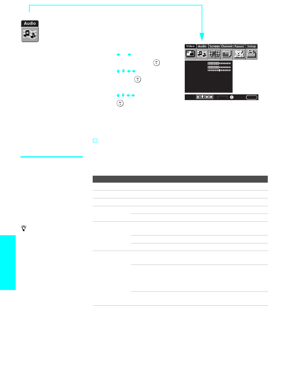Using the audio menu, Selecting audio options, Menus | Sony KE-42XBR900 User Manual | Page 82 / 112