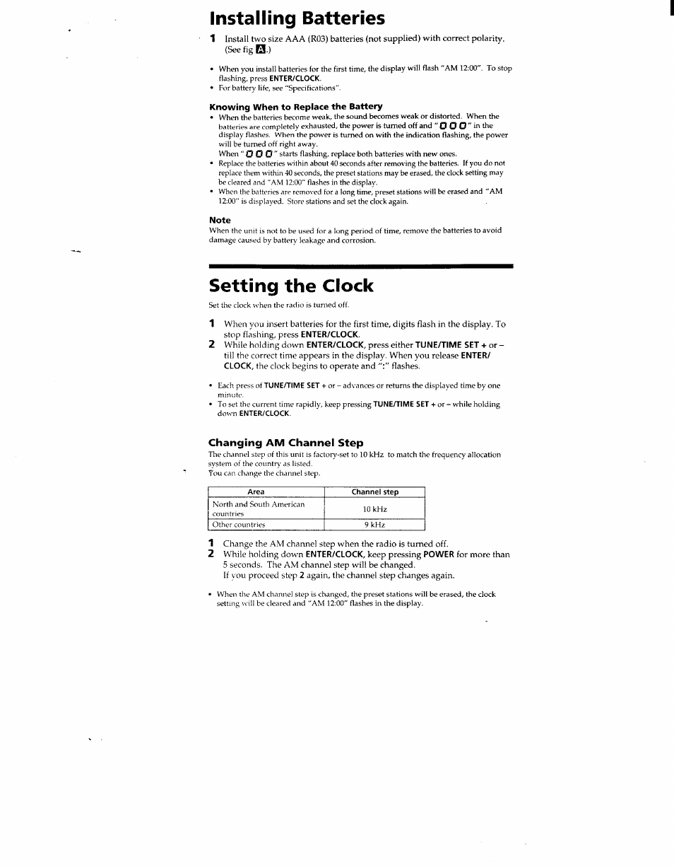 Installing batteries, Setting the clock, Changing am channel step | Sony SRF-M78 User Manual | Page 4 / 6