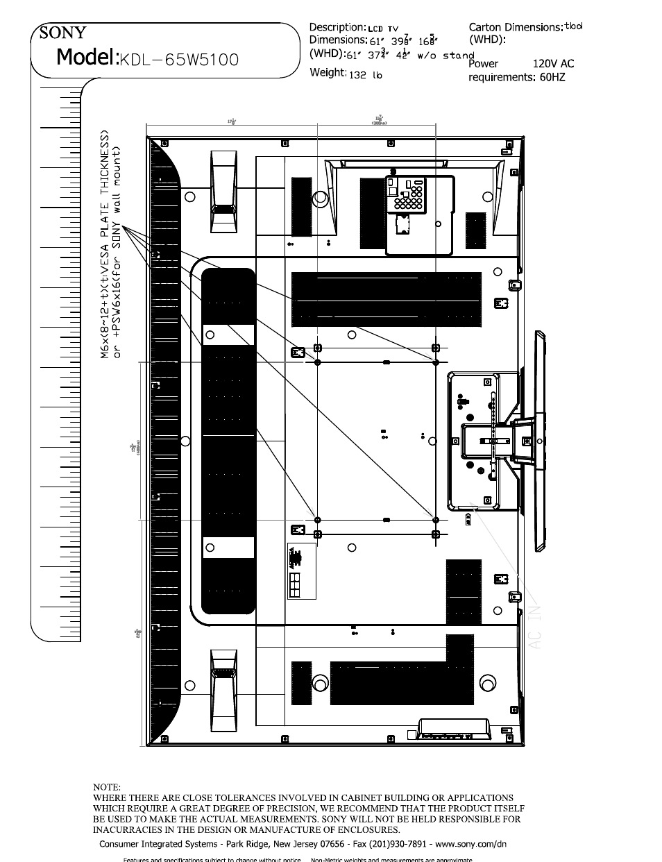 Weight: 132 ib, 120v ac requirements: 60hz, Model | Sony KDL-65W5100 User Manual | Page 2 / 5