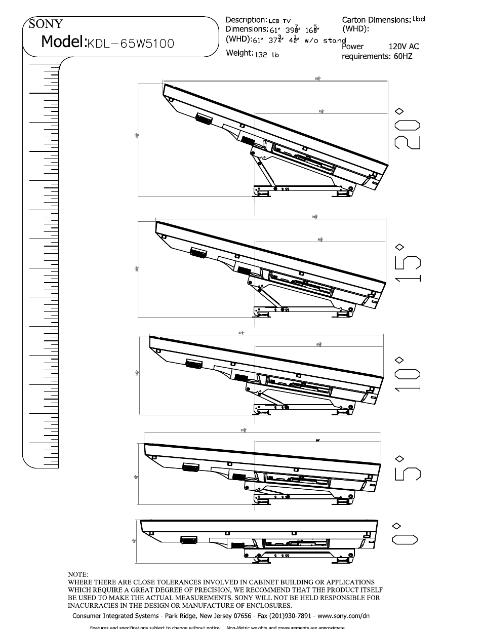 Whd):6l' 373' weight: 132 ib, W/o stand, Power | Model | Sony KDL-65W5100 User Manual | Page 4 / 5