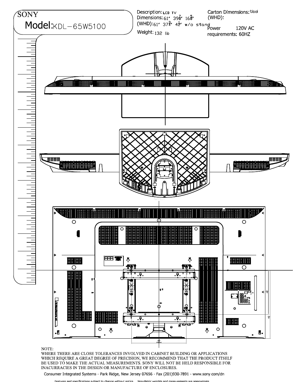 Weight: 132 ib, W/o stand, Power | 120v ac requirements: 60hz, Model | Sony KDL-65W5100 User Manual | Page 5 / 5