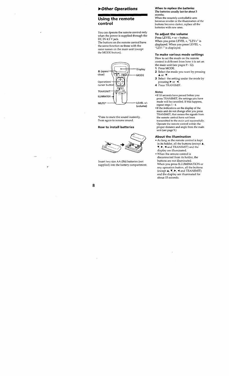 Using the remote control, How to install batteries, To adjust the volume | To make various mode settings, About the illumination, Other operations using the remote control | Sony D-848K User Manual | Page 7 / 23