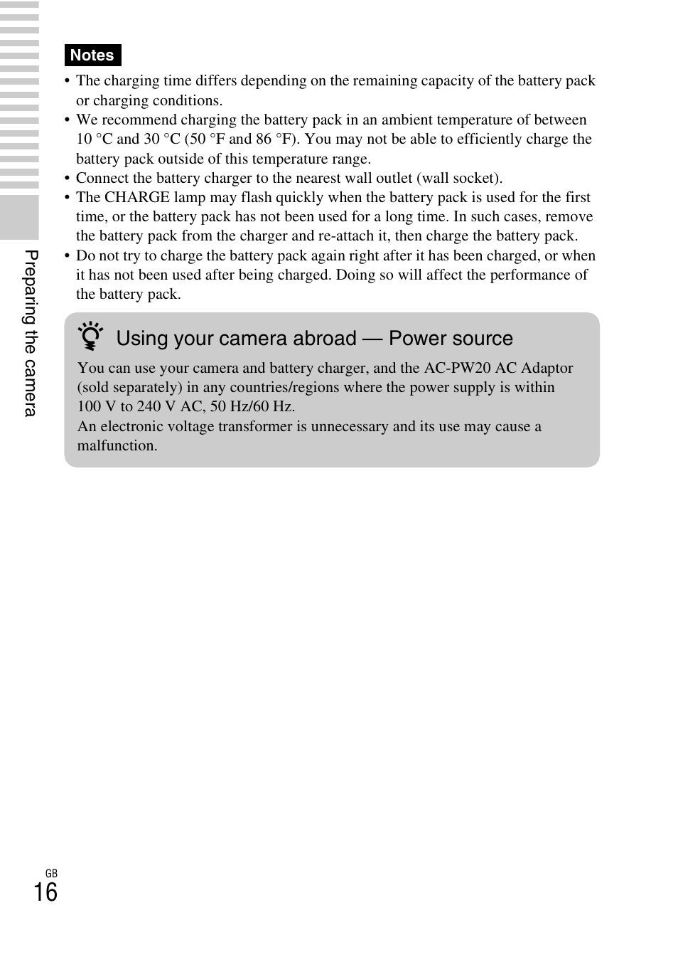 Using your camera abroad — power source | Sony NEX-5NK User Manual | Page 16 / 94
