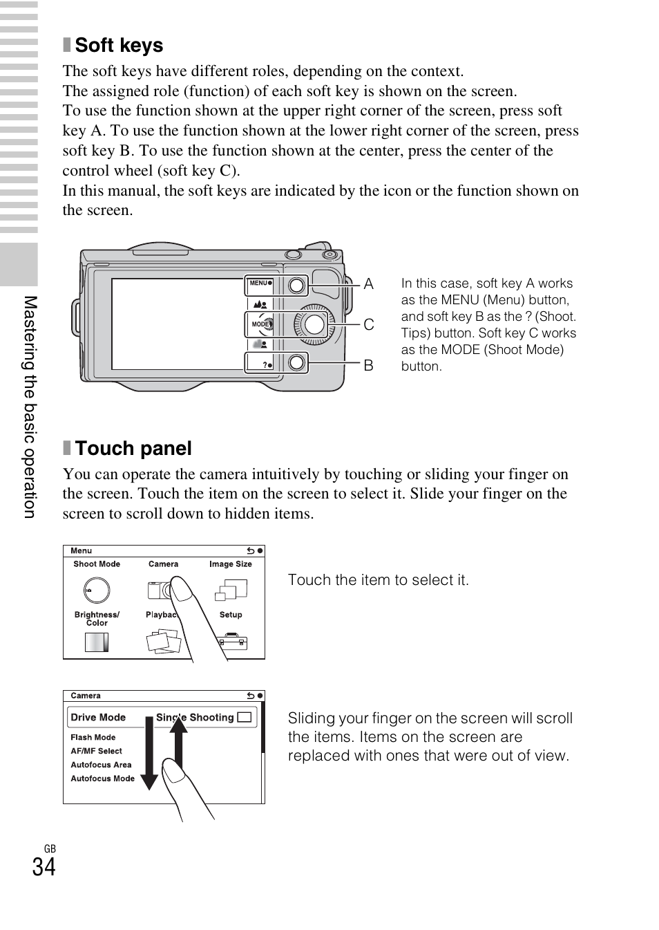 L (34), Xsoft keys, Xtouch panel | Sony NEX-5NK User Manual | Page 34 / 94
