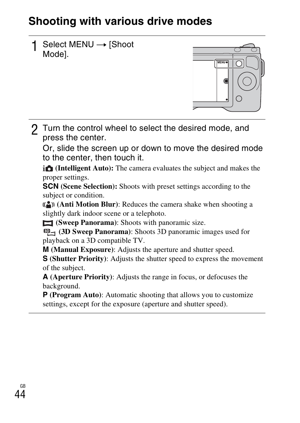 Shooting with various drive modes, 44 shooting with various drive modes | Sony NEX-5NK User Manual | Page 44 / 94
