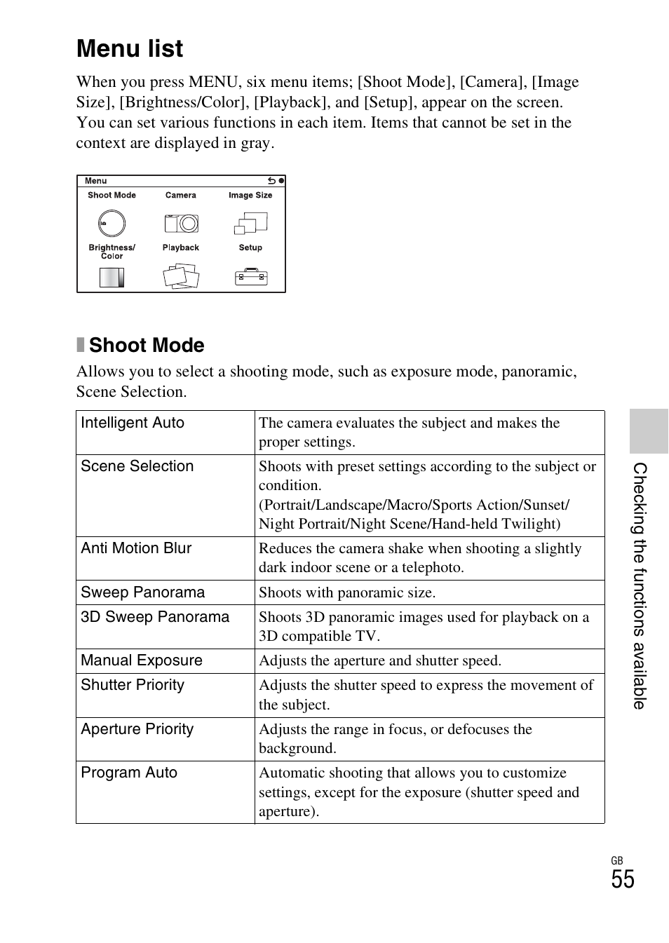 Checking the functions available, Menu list, Xshoot mode | Sony NEX-5NK User Manual | Page 55 / 94